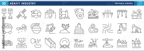 A set of line icons related to Heavy Industry. Engine, mining, industry, war, infrastructure, metal, steel, lumber, and so on. Vector editable stroke.