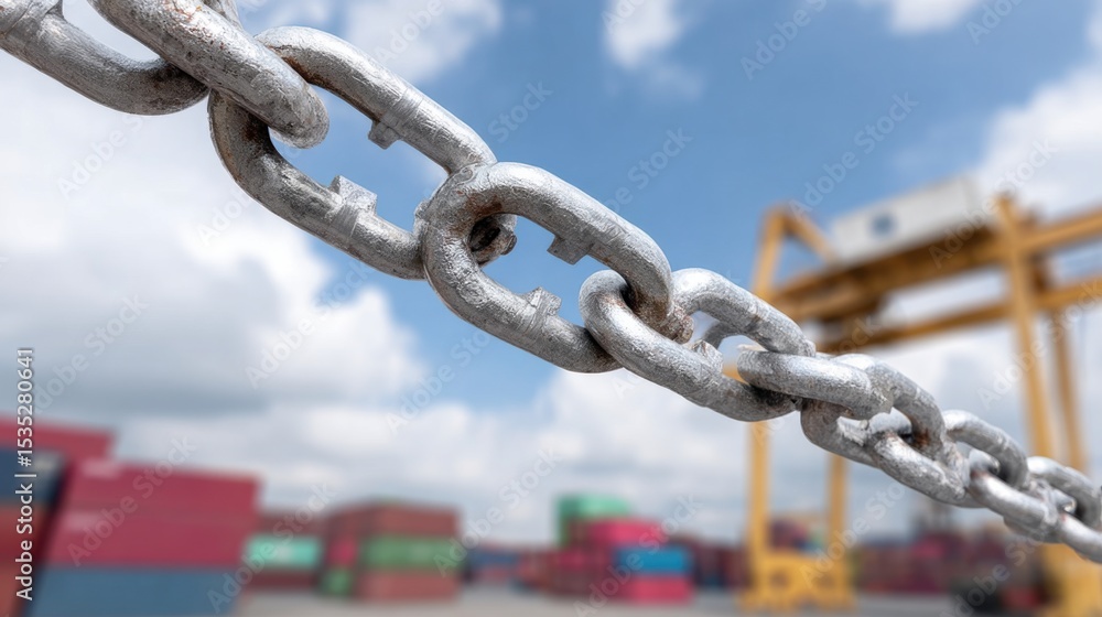 Macro view of heavy metal chain with container cranes and shipping containers in the blurred background perfect for logistics visuals, global trade concepts and maritime industry content Macro view of heavy metal chain with container cranes and shipping containers in the blurred background perfect for logistics visuals, global trade concepts and maritime industry content