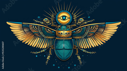 A bold graphic illustration of a stylized Egyptian scarab beetle with an eye motif and radiating sun rays, rendered in gold, teal, and orange tones against a dark background.