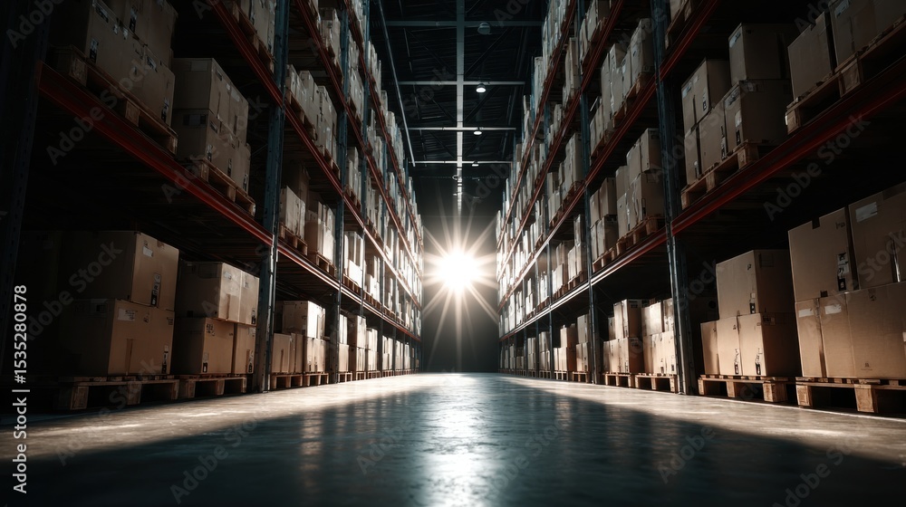 Fototapeta premium Large warehouse interior with rows of stacked cardboard boxes and dramatic backlight from open doors creating a sense of scale, supply logistics and industrial storage infrastructure