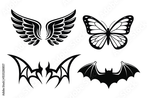Set of four black and white wing illustrations including angelic, butterfly, and demonic styles – isolated graphic elements for creative design projects
