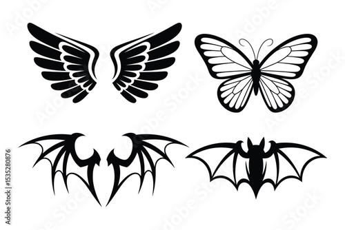 Set of four black and white wing illustrations including angelic, butterfly, and demonic styles – isolated graphic elements for creative design projects

