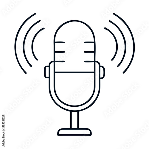 Podcast microphone icon with sound waves. Simple podcast microphone illustration perfect for streaming apps and online radio. This podcast microphone graphic is ideal for podcasting logos,