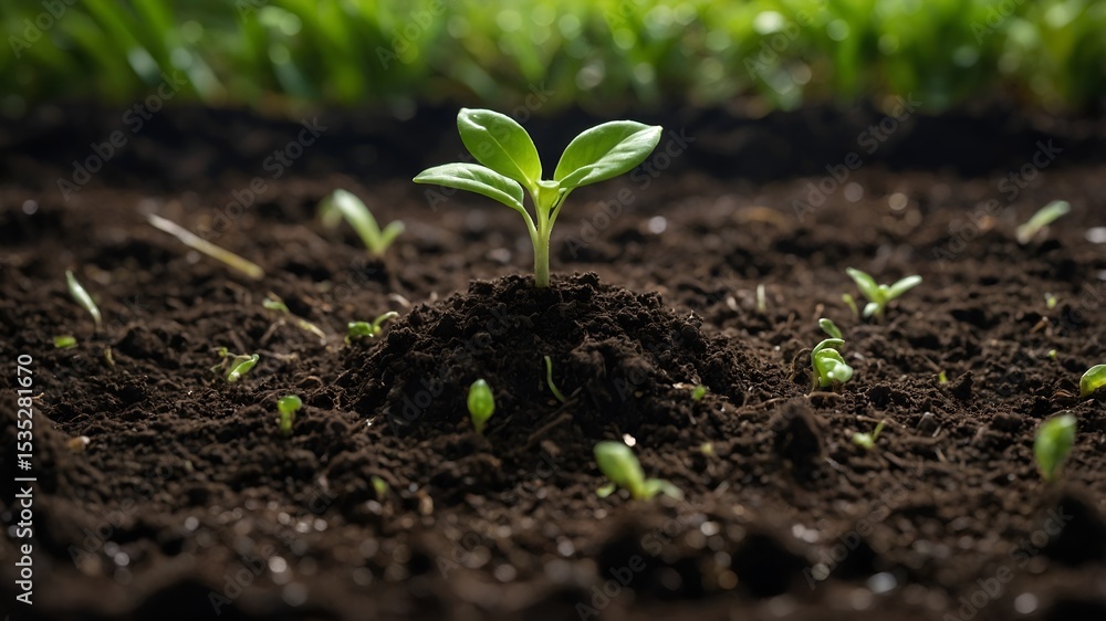 Fototapeta premium Emerging sprout in fertile soil, symbolizing growth and potential. Ideal for themes of nature, gardening, and new beginnings.