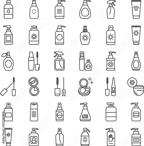 Beauty Product Outline Vector Icons Set - Minimalist Flat Design for Skincare & Makeup