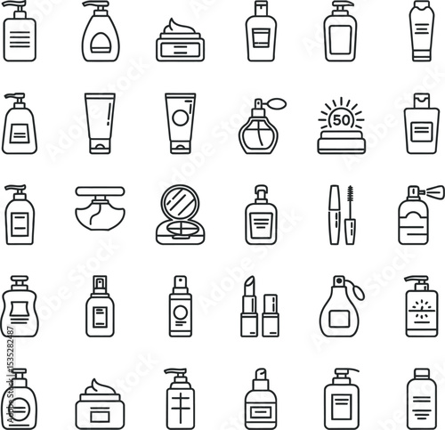 Beauty Product Outline Vector Icons Set - Minimalist Flat Design for Skincare & Makeup