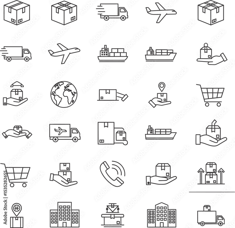 Logistics & Shipping Minimal Line Vector Icon Set - Grid-Aligned Transportation Symbols Logistics & Shipping Minimal Line Vector Icon Set - Grid-Aligned Transportation Symbols