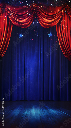 Theater Stage with Red Curtains and Blue Backdrop