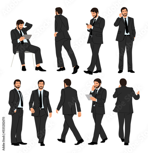 Set of business man in formal suit standing, walking , sitting in different poses, front, side, back, rear view, using phone, tablet. Flat vector illustration isolated on transparent background	
