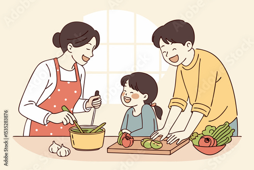 A warm family is cooking together in the kitchen. Parents and children laugh and spend quality time together. Conveying love, intimacy and healthy living.