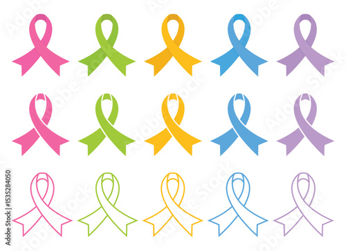 An assortment of solid and outlined ribbons in pink, green, yellow, blue and purple on a white background, symbolizing support and awareness for various causes. Vector.