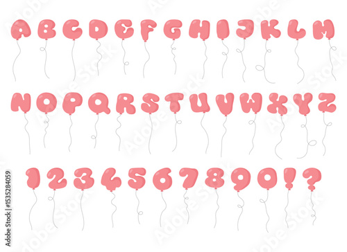 A charming display of the alphabet, numbers, and symbols as pink balloons on strings, set against a crisp white background, conveying a sense of celebratory joy.