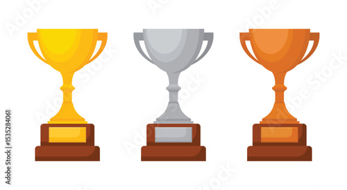 Three trophies - a gold, silver, and bronze cup- stand side-by-side on a white background. These victory cups celebrate achievements in competitions and events.