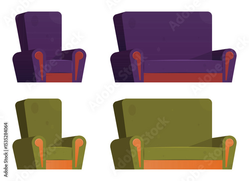 Four cartoon illustrations featuring two differently colored armchairs are shown. The armchairs are green and purple and have different seat height options on a white background.