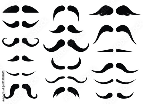 A variety of mustache styles are displayed in silhouette. Each mustache has a unique shape, curl and overall style. The collection is presented on a white background.
