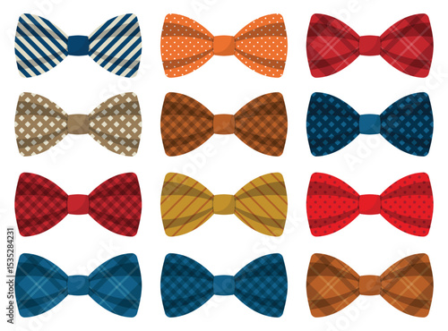 A group of twelve bow ties in a variety of colors and patterns, including stripes, polka dots, and plaid, are displayed on a white background. Each bow tie is different.