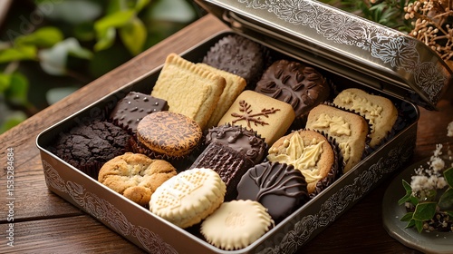 50. Display of assorted cookies in a tin box with doily lining