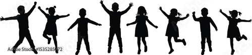 Silhouette of happy children jumping and playing, group of active kids, joyful boys and girls in motion, isolated on white background, childhood fun, energetic expression