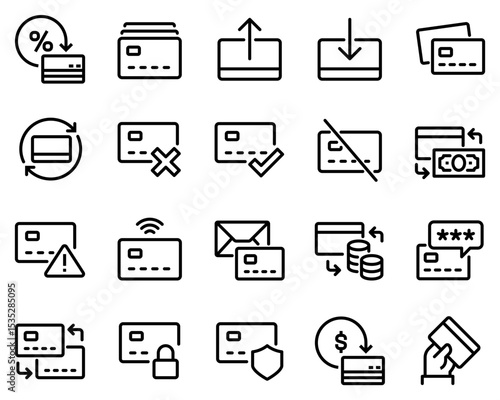 Simple Set of Credit Card Related Vector Line Icons. Contains such Icons as Top up or Withdraw Funds, Money Transfer, Payment and more.