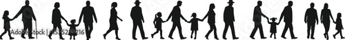 Silhouette of diverse families walking together, adults and children holding hands, generational unity, parent and child bonding, family values concept, isolated black figures on white background