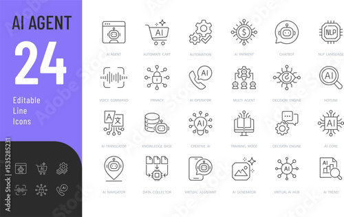 
Artificial Intelligence Agent Line Editable Icons set. Vector illustration in modern thin line style of technology related icons: chatbot, generator, AI operator, and more. 