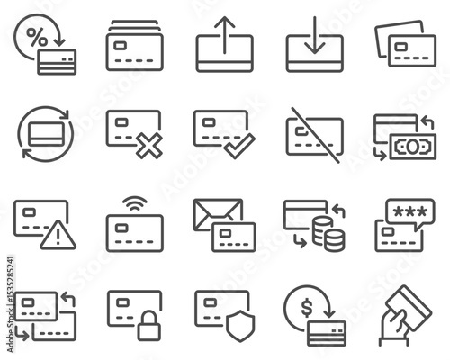 Simple Set of Credit Card Related Vector Line Icons. Contains such Icons as Top up or Withdraw Funds, Money Transfer, Payment and more.