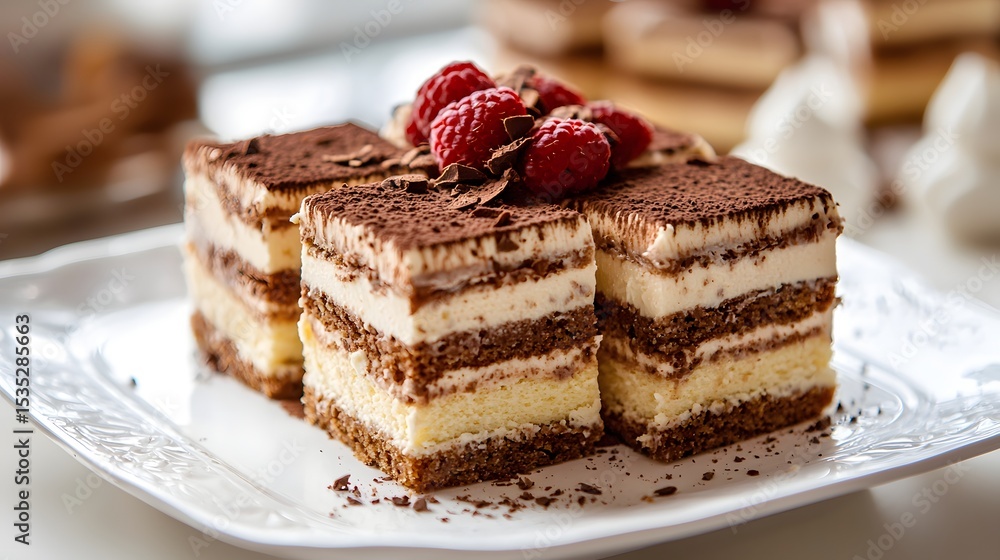 79. Side angle view of tiramisu cake slices layered in chocolate 79. Side angle view of tiramisu cake slices layered in chocolate