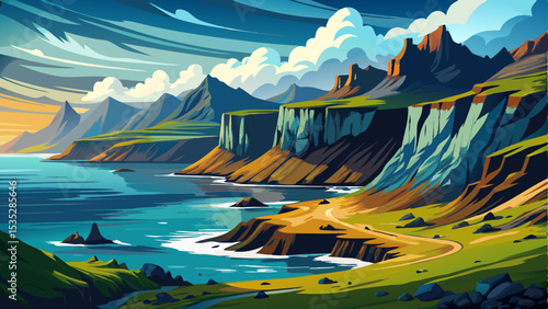 Stunning coastline and dramatic landscape in the West Fjords of Iceland, featuring steep cliffs, deep blue ocean waters, and rugged mountain formations under a cloudy sky