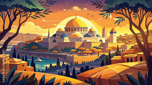 Beautiful sunset view of Jerusalem’s Old City, highlighting iconic landmarks including the Temple Mount with the Dome of the Rock, Golden Gate, and Mount Zion in the distance