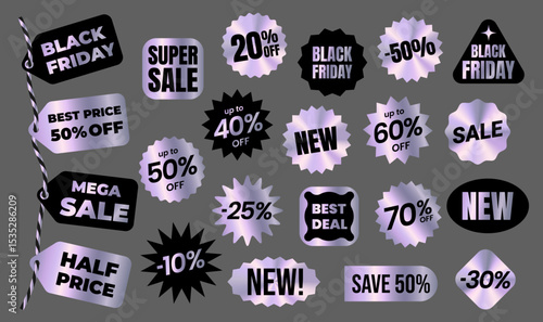 Set of realistic silver sticker, label, tag with holographic effect on twine, rope. Isolated shiny rainbow emblem, hologram 50% off, half Price, black friday,Mega Sale, Discount. Isolated Vector EPS10