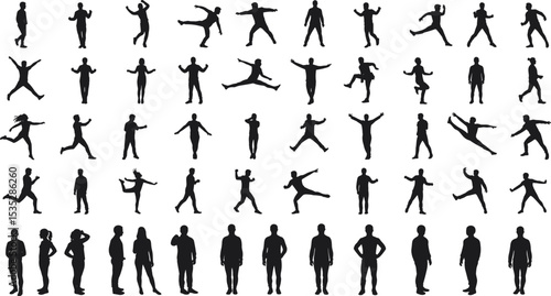 Silhouette people in motion, various human poses, walking, jumping, dancing, active lifestyle, expressive movement, black figure icons, isolated on white, diverse body posture collection