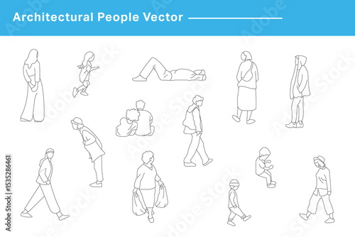 CAD Drawings. Set people outlines isolated on white background. Sitting, walking, dancing, etc. Vector illustration.	
