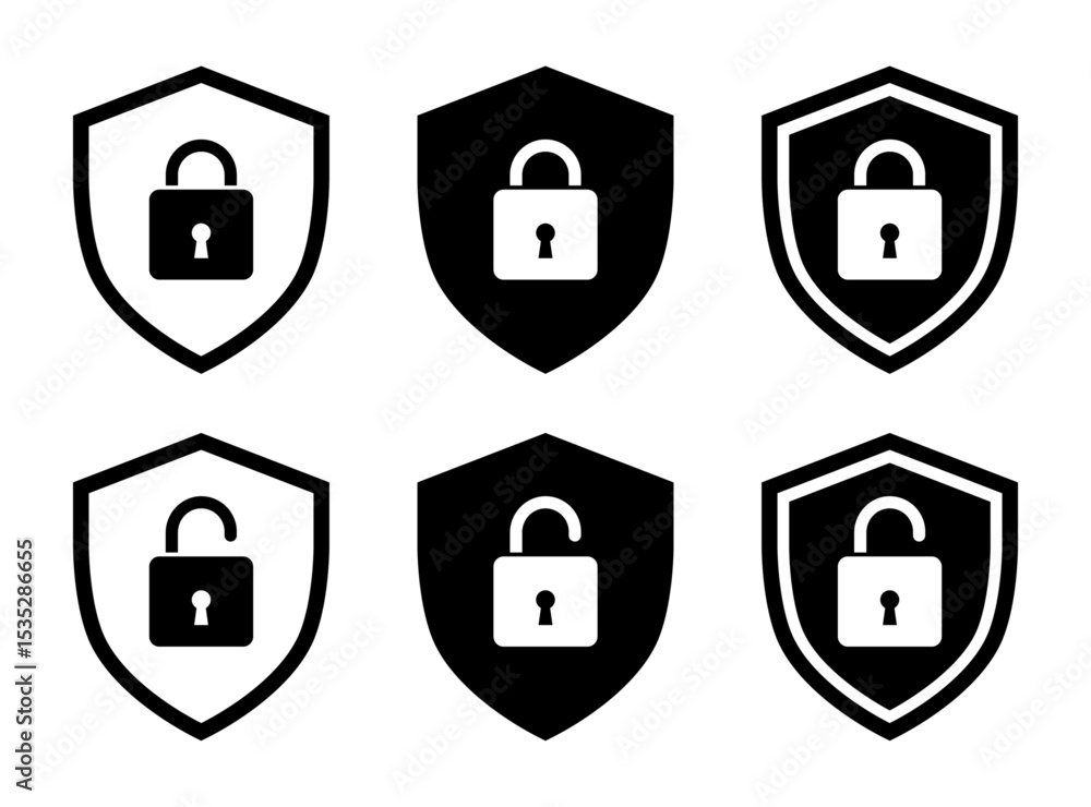 Lock and unlock padlock icons in black and white color. Shield security symbols. Privacy access protection, outline and solid vector illustration. Lock and unlock padlock icons in black and white color. Shield security symbols. Privacy access protection, outline and solid vector illustration.
