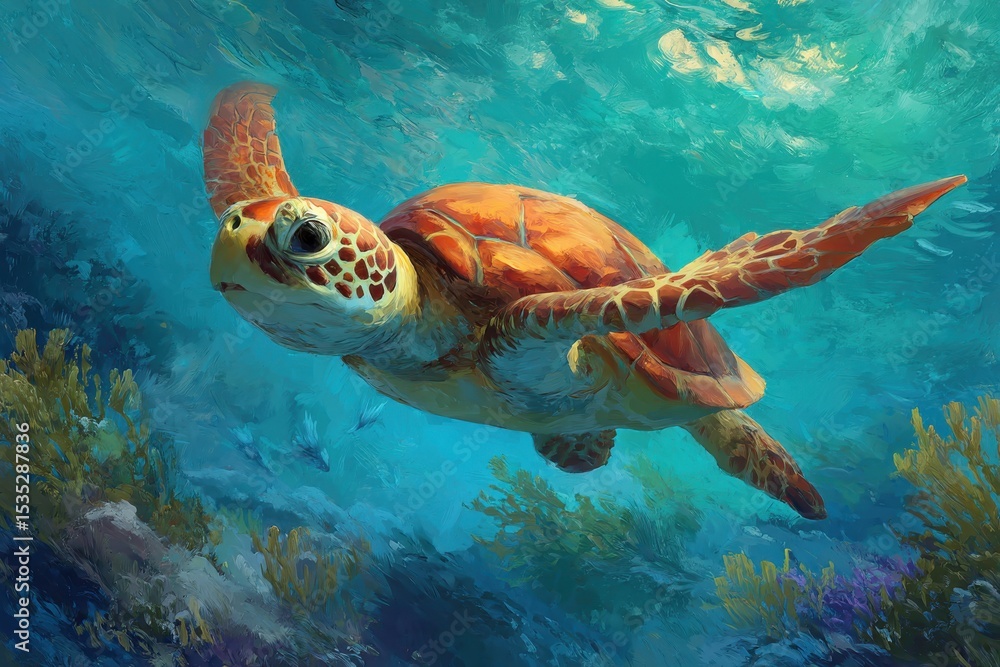 Fototapeta premium A cheerful sea turtle swimming gracefully in colorful ocean waves, ideal for marine biology projects and children's educational materials