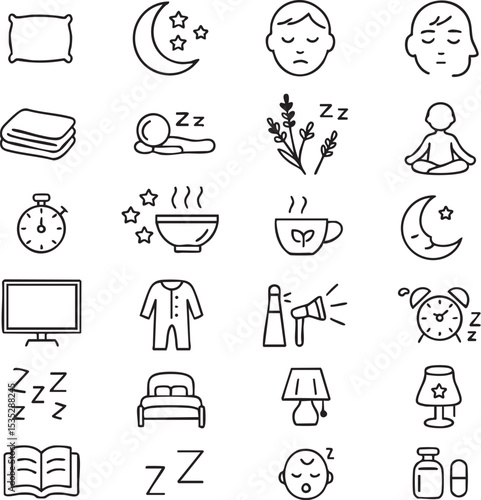Sleep & Relaxation Icons - Bedtime & Wellness Pictograms
