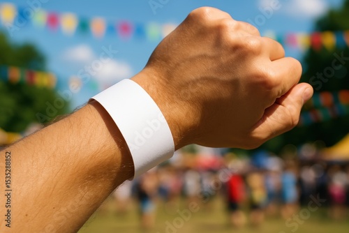 Wristband Event Access: A close-up shot of a person's arm, showcasing a blank white wristband symbolizing event entry or identification.  The vibrant.