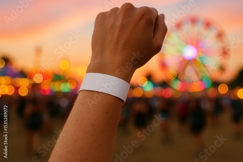 Festival Wristband: A wristband is worn with pride during an outdoor festival. Vibrant colors and excitement fills the air as people revel in the celebratory atmosphere, creating an exciting moment.