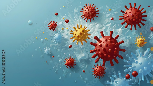 Wallpaper Mural High-quality 3D render of various colorful virus particles floating on a light blue background.  Torontodigital.ca