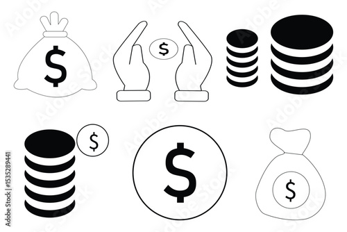 Investment icon set. Containing business growth, dollar money bag, saving and deposit icon design.