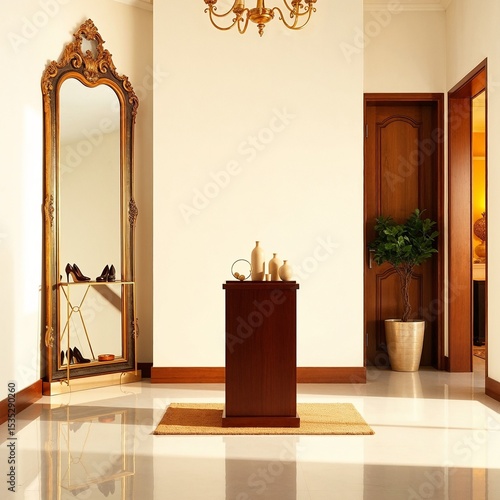 Wallpaper Mural Organized walk-in closet with neutral shelves and a soft square podium placed on plush carpet Torontodigital.ca