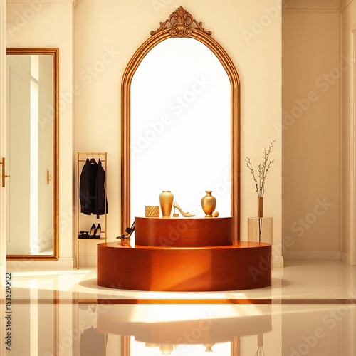 Wallpaper Mural Organized walk-in closet with neutral shelves and a soft square podium placed on plush carpet Torontodigital.ca