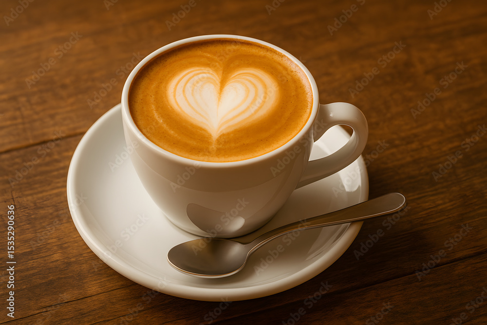 Cup of cappuccino with heart shaped foam art on dark wood table with spoon and saucer under soft light Cup of cappuccino with heart shaped foam art on dark wood table with spoon and saucer under soft light