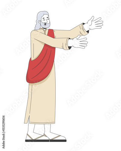 Biblical prophet in traditional robes reaching forward 2D cartoon bible character. Holy man proclaiming. God messenger extended arms flat vector person isolated on white. Spot illustration colorful