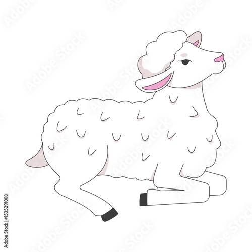 Lamb lying down in peaceful pose 2D cartoon character. Innocence. Pastoral gentle creature. Cute little sheep with soft white wool flat vector animal isolated on white. Spot illustration colorful