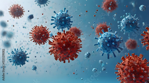 Wallpaper Mural High-quality 3D render of various colorful virus particles floating on a light blue background.  Torontodigital.ca