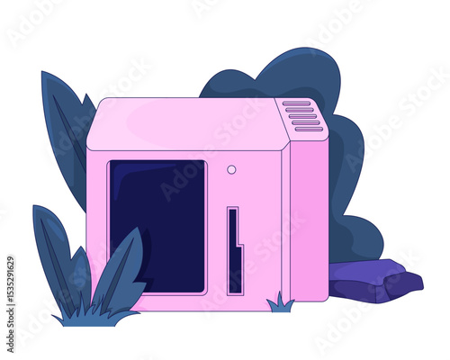 Overgrown pink vintage computer in nature 2D cartoon object. Forgotten technology decay grass. Y2K tech. Electronics nostalgia isolated element flat vector clip art on white. Spot illustration