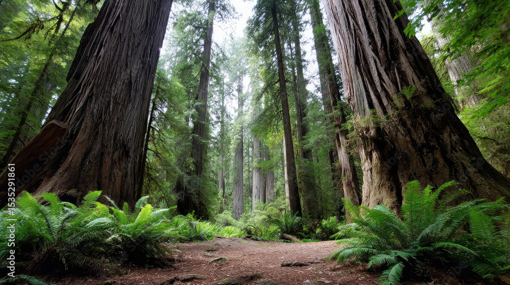 Fototapeta premium Beautiful forest background for screensaver. with sunbeams. Calm close-up of fairytale forest and nature landscape, panorama. Summer vacation, holiday, amazing nature.