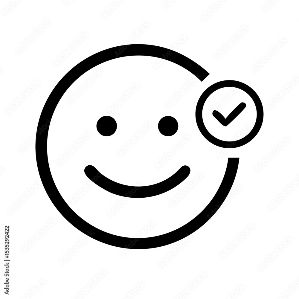 Fototapeta premium Happy Face with Check Mark Approval Icon: Minimalist smiley face with a check mark, representing approval or satisfaction, great for apps, feedback forms, or customer service visuals.