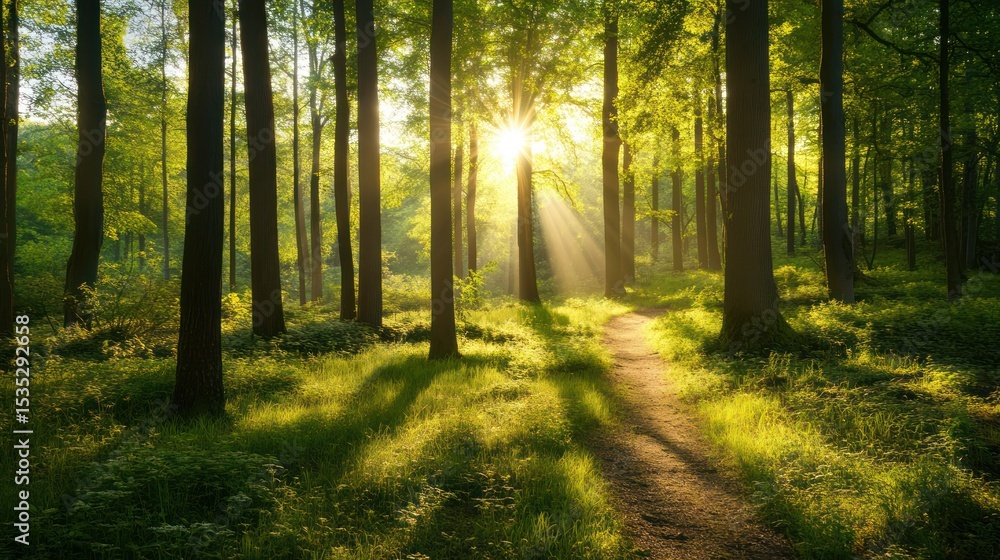 Obraz premium Sunlight streams through forest trees