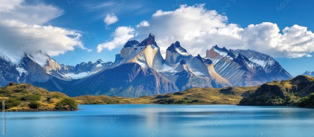 Naklejka premium Majestic mountain range reflecting on a tranquil lake